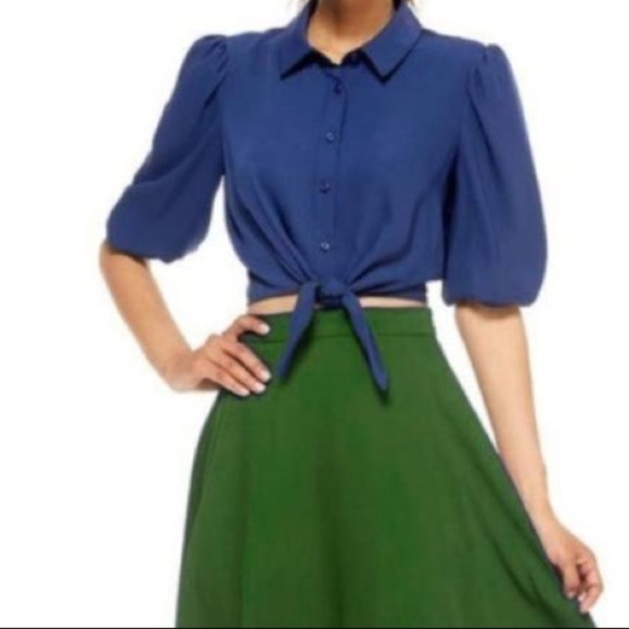 Gal Meets Glam Tops - Gal Meets Glam Collection Blue Claudia Waist Tie Half Sleeve Button-down Top